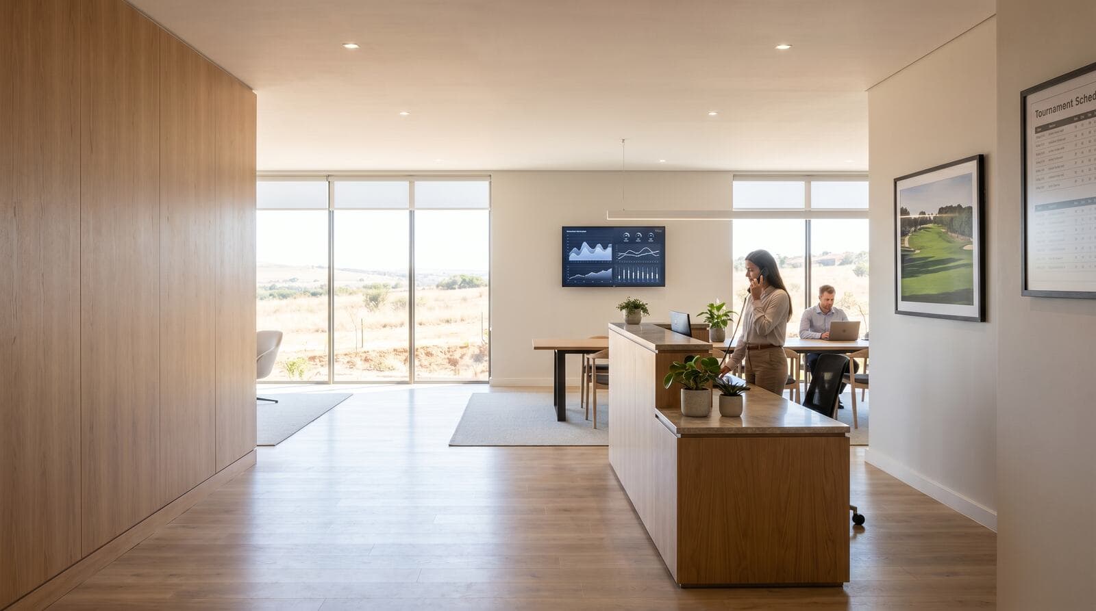 Modern golf association office reception with staff using cloud PBX phone systems