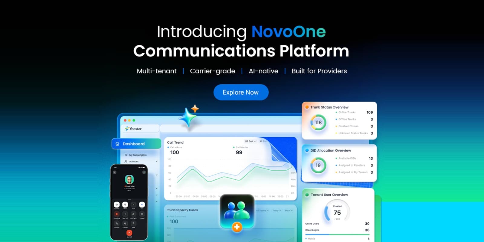 Yeastar NovoOne communications platform dashboard with mobile softphone app