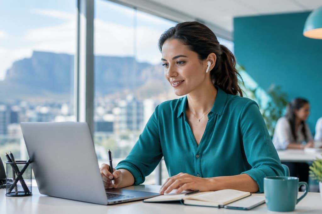 Professional on a laptop with earbuds in a modern South African office